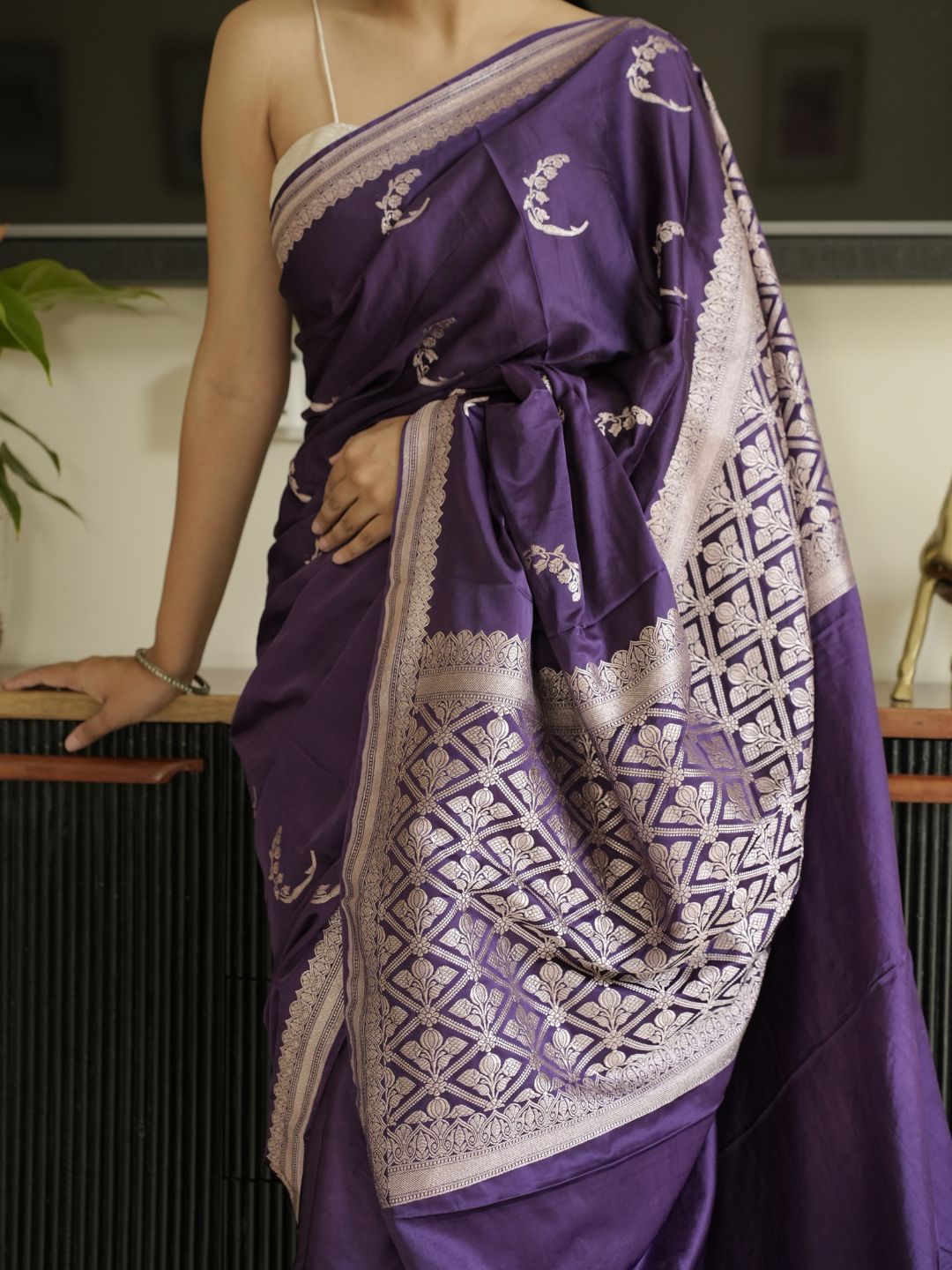 Purple Banarasi Silk Saree With Zari Border