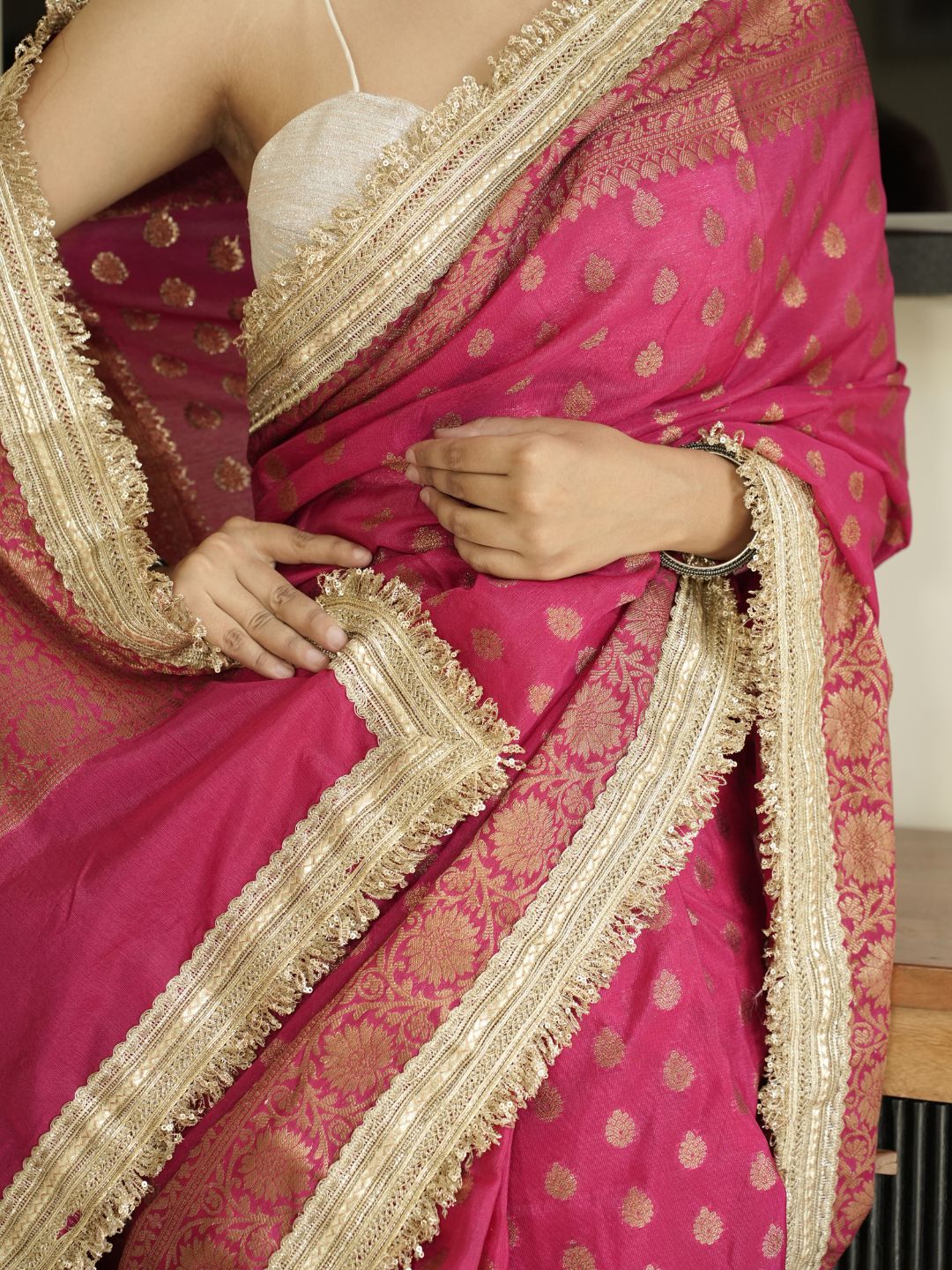 Pink-Gold Banarasi Silk Saree With Lace Border