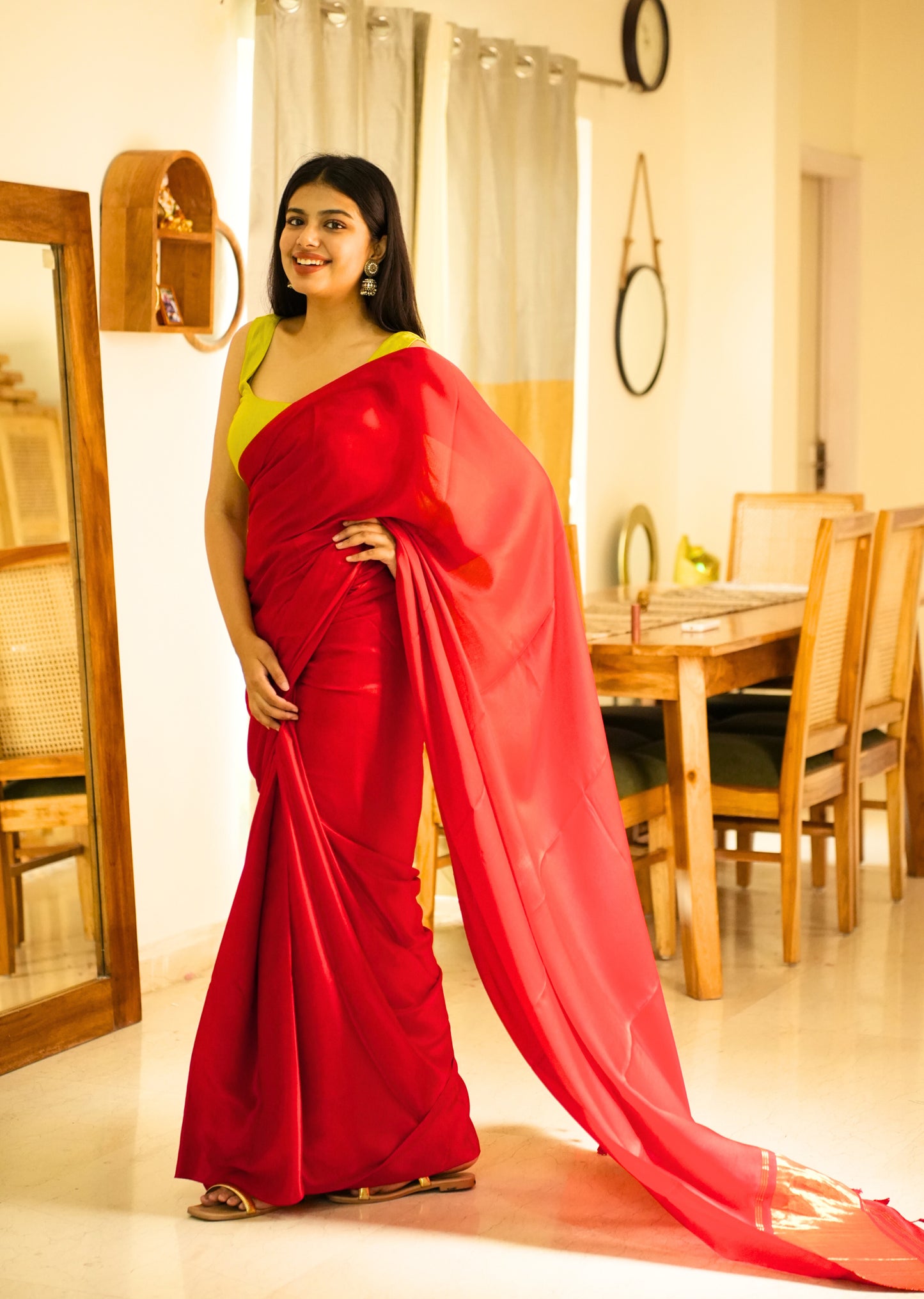 Crimson Glow – Red Silk Saree with Gold Zari Border