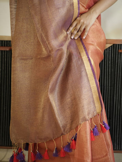 Orange & Brown Dual Tone Tissue Linen Saree