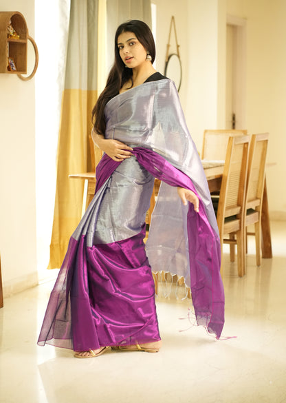 Moonlit Blush – Pink & Silver Glass-Finish Tissue Saree