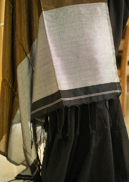Twilight Tale – Black Cotton Saree with Gold & Silver Zari Pallu