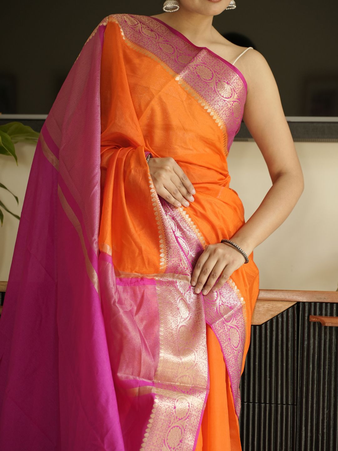 Orange Silk Saree With Pink Pallu
