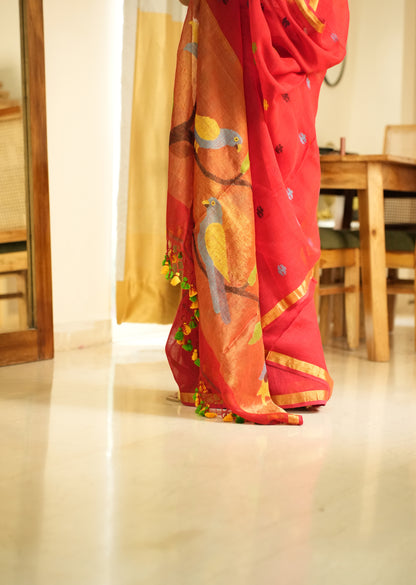 Paithani Blossom – Handpainted Red Linen Saree