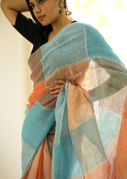 Vibrant Checks: Turquoise & Orange Linen Saree