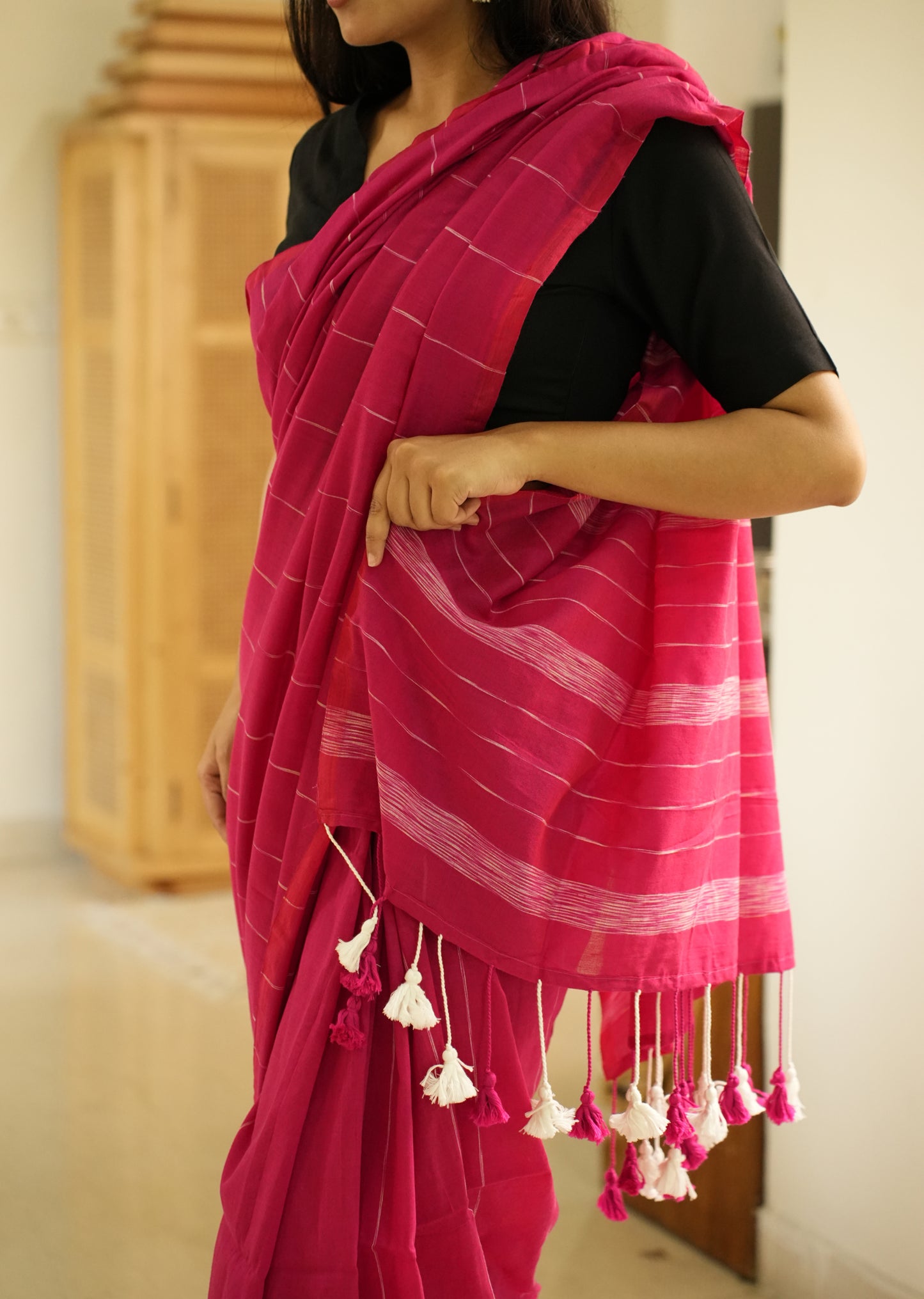 Blush Lines – Pink & White Striped Cotton Saree