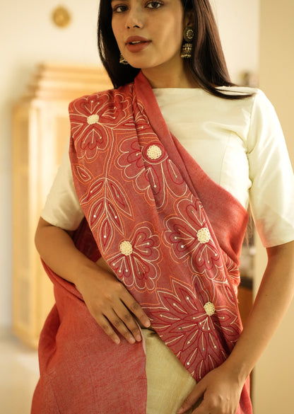 Rosé Whisper – Handcrafted Floral Linen Saree in Dual Tone