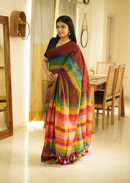 Red Palettes – Maroon Mul Cotton Saree with Striped Checked Pallu