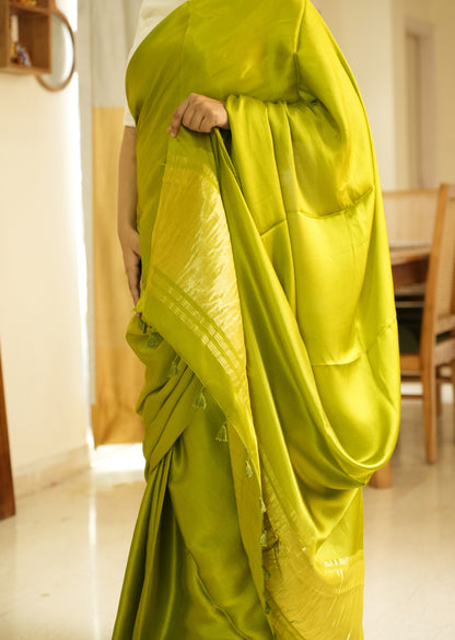 Lime Lustre –  Pure Silk Saree with Gold Zari Border