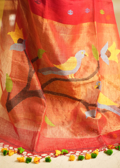 Paithani Blossom – Handpainted Red Linen Saree