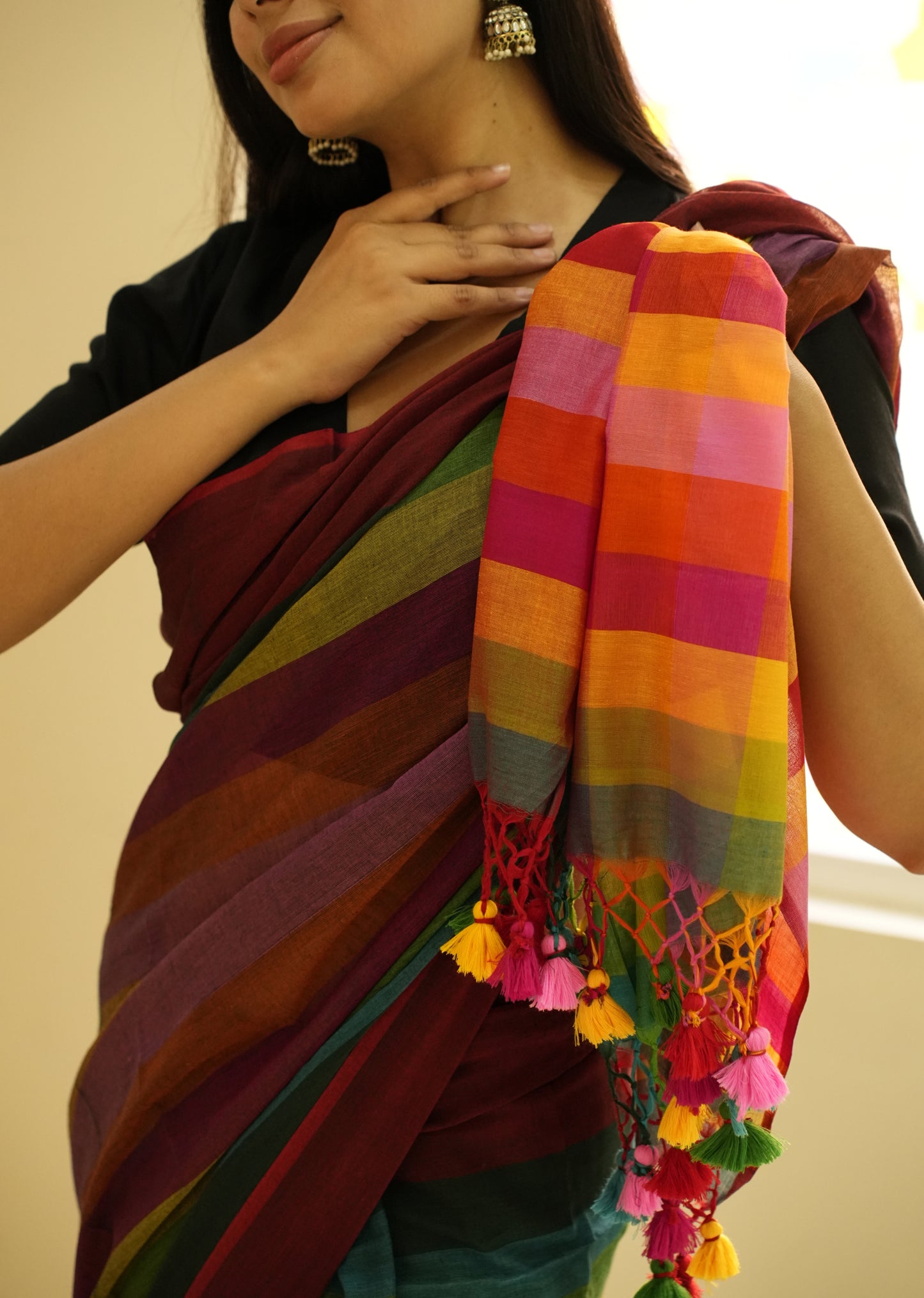 Red Palettes – Maroon Mul Cotton Saree with Striped Checked Pallu