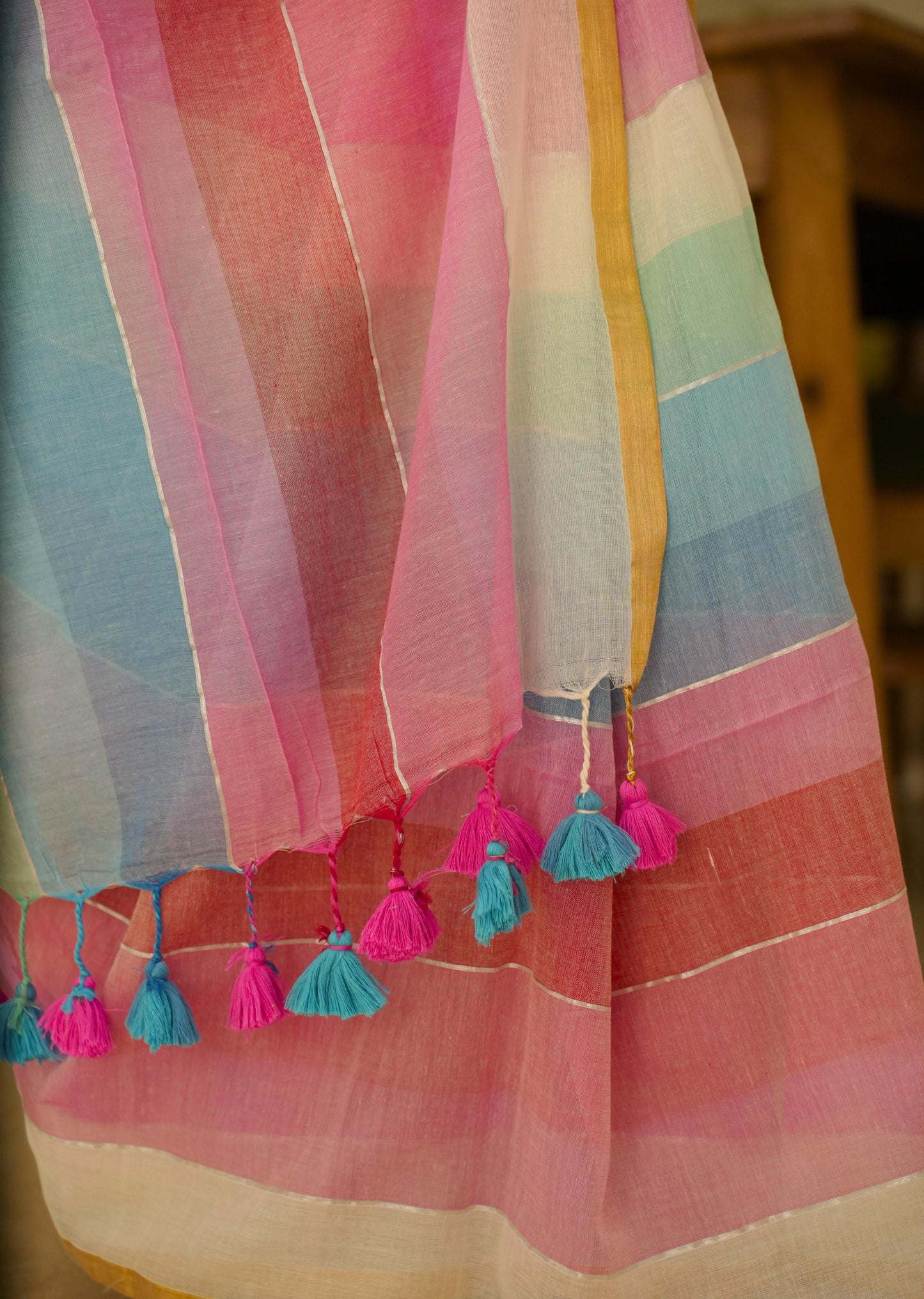 Pastel Rainbow Handwoven Mul Cotton Saree