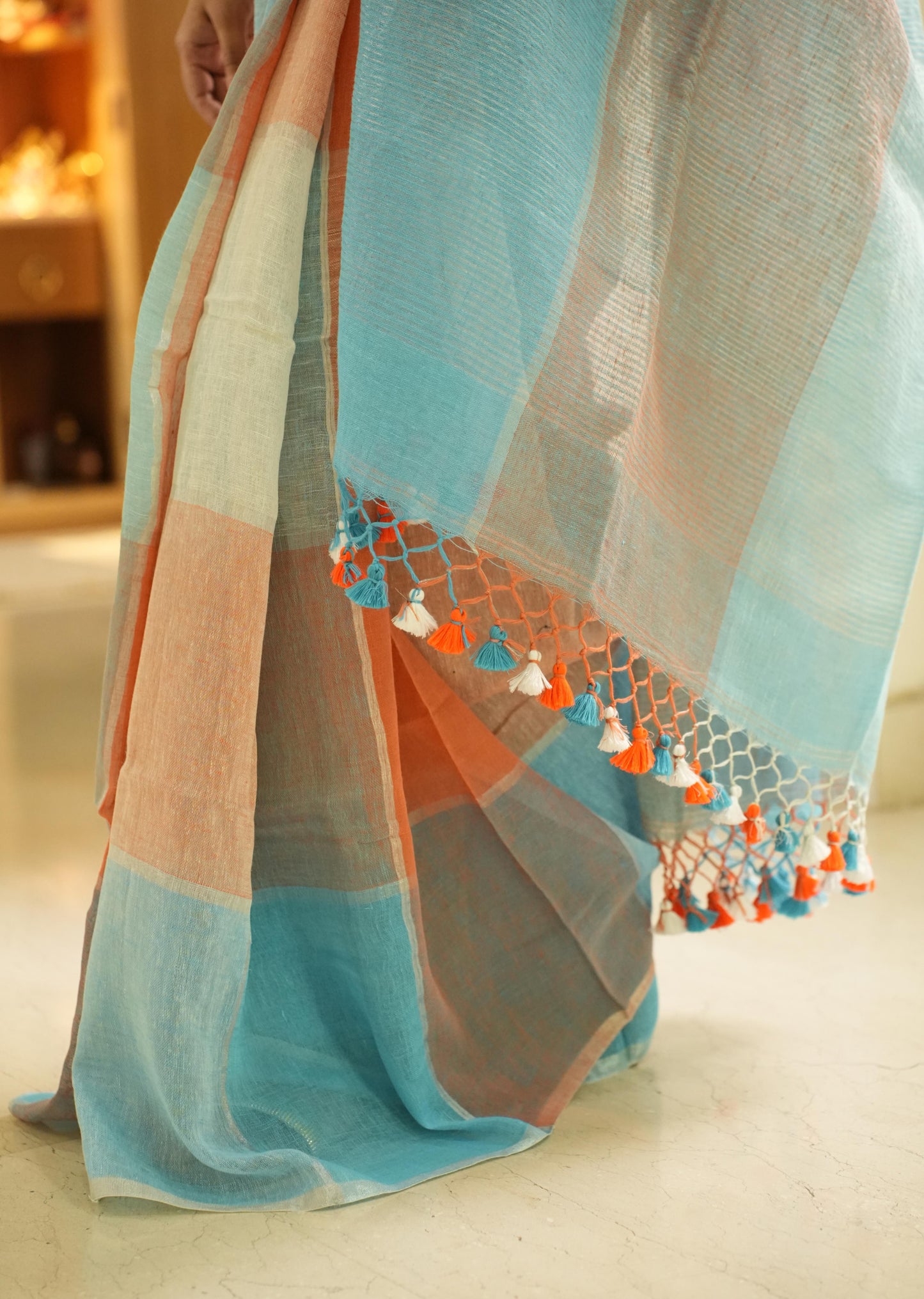 Vibrant Checks: Turquoise & Orange Linen Saree