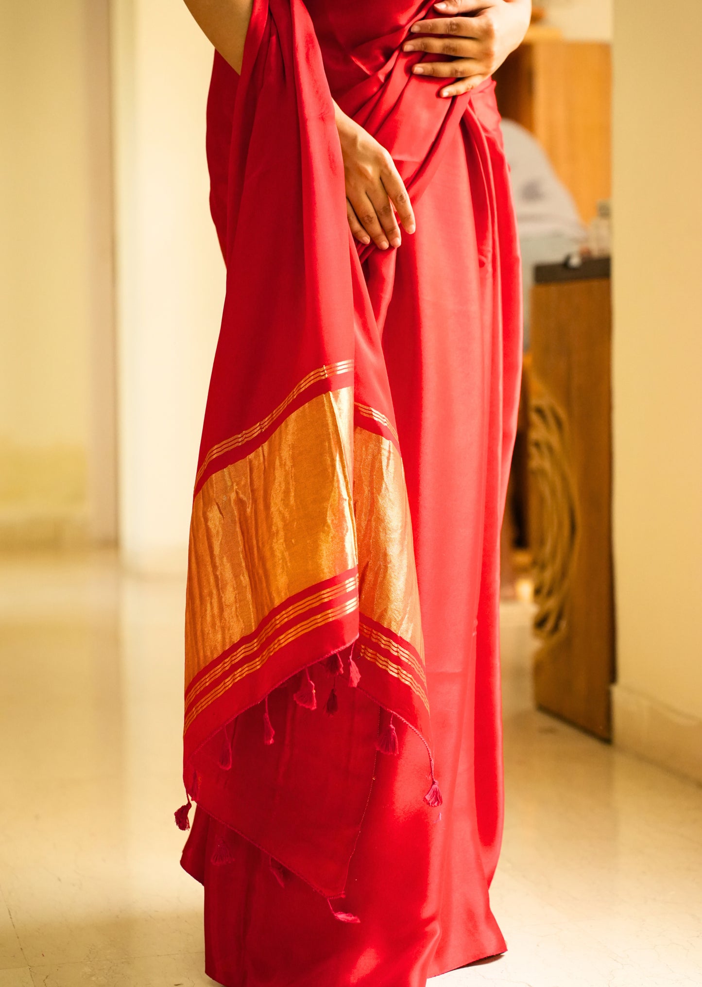 Crimson Glow – Red Silk Saree with Gold Zari Border