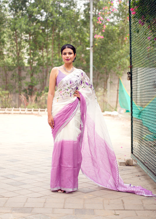 Lavender Whisper – Handwoven Linen Saree with Floral Embroidery