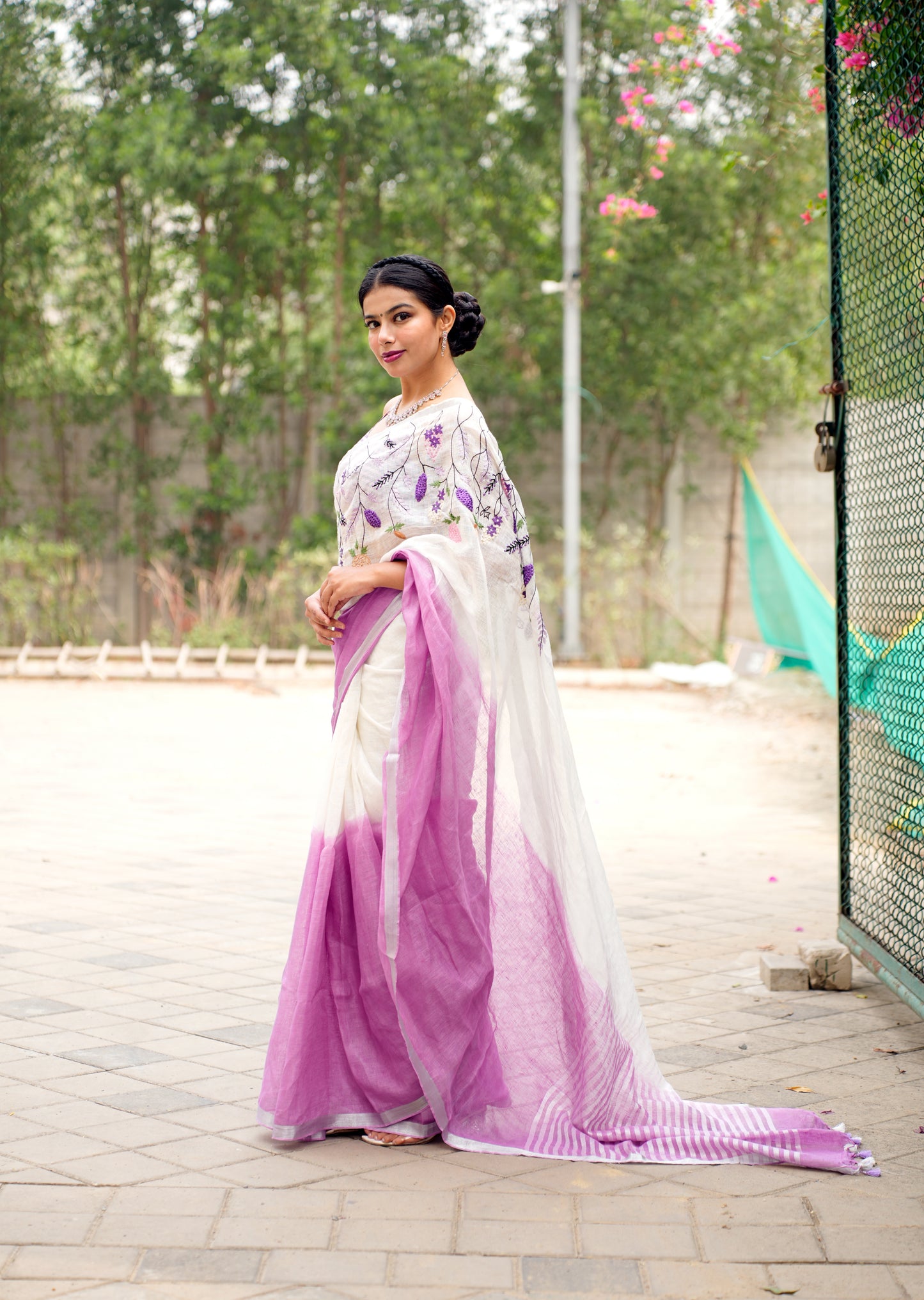 Lavender Whisper – Handwoven Linen Saree with Floral Embroidery