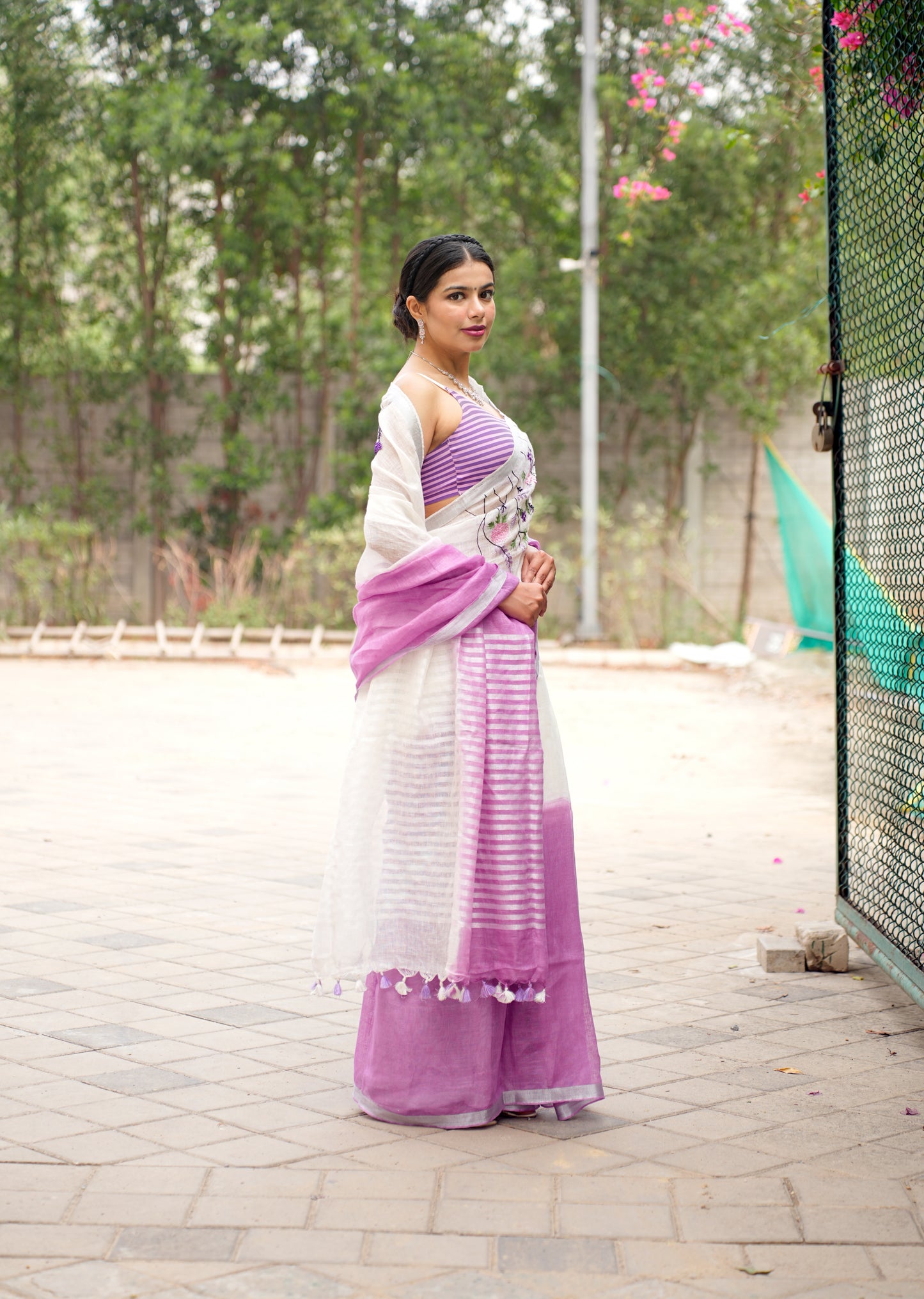 Lavender Whisper – Handwoven Linen Saree with Floral Embroidery