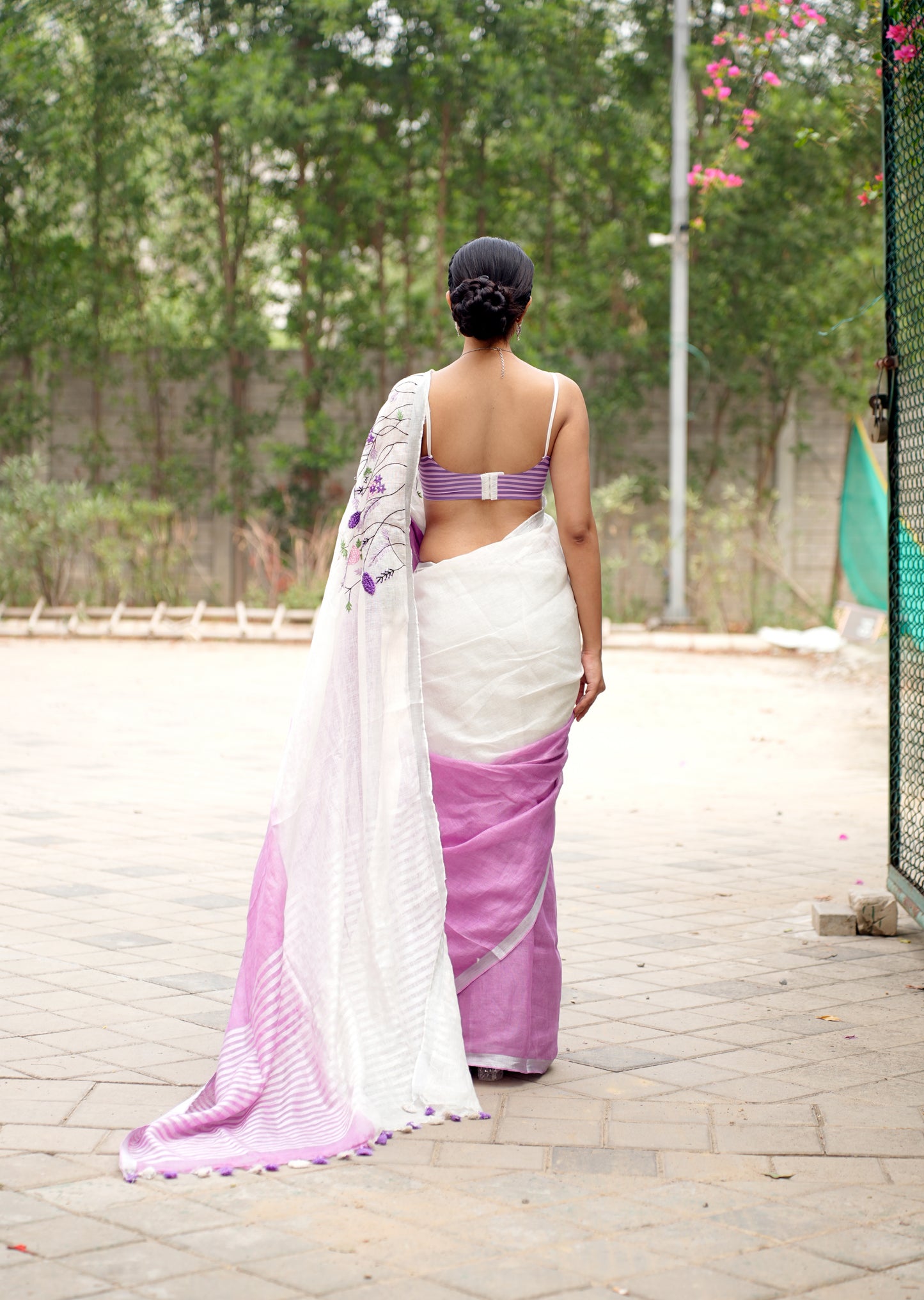 Lavender Whisper – Handwoven Linen Saree with Floral Embroidery