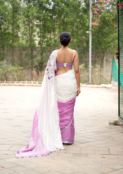 Lavender Whisper – Handwoven Linen Saree with Floral Embroidery
