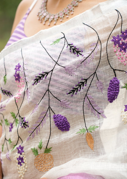 Lavender Whisper – Handwoven Linen Saree with Floral Embroidery