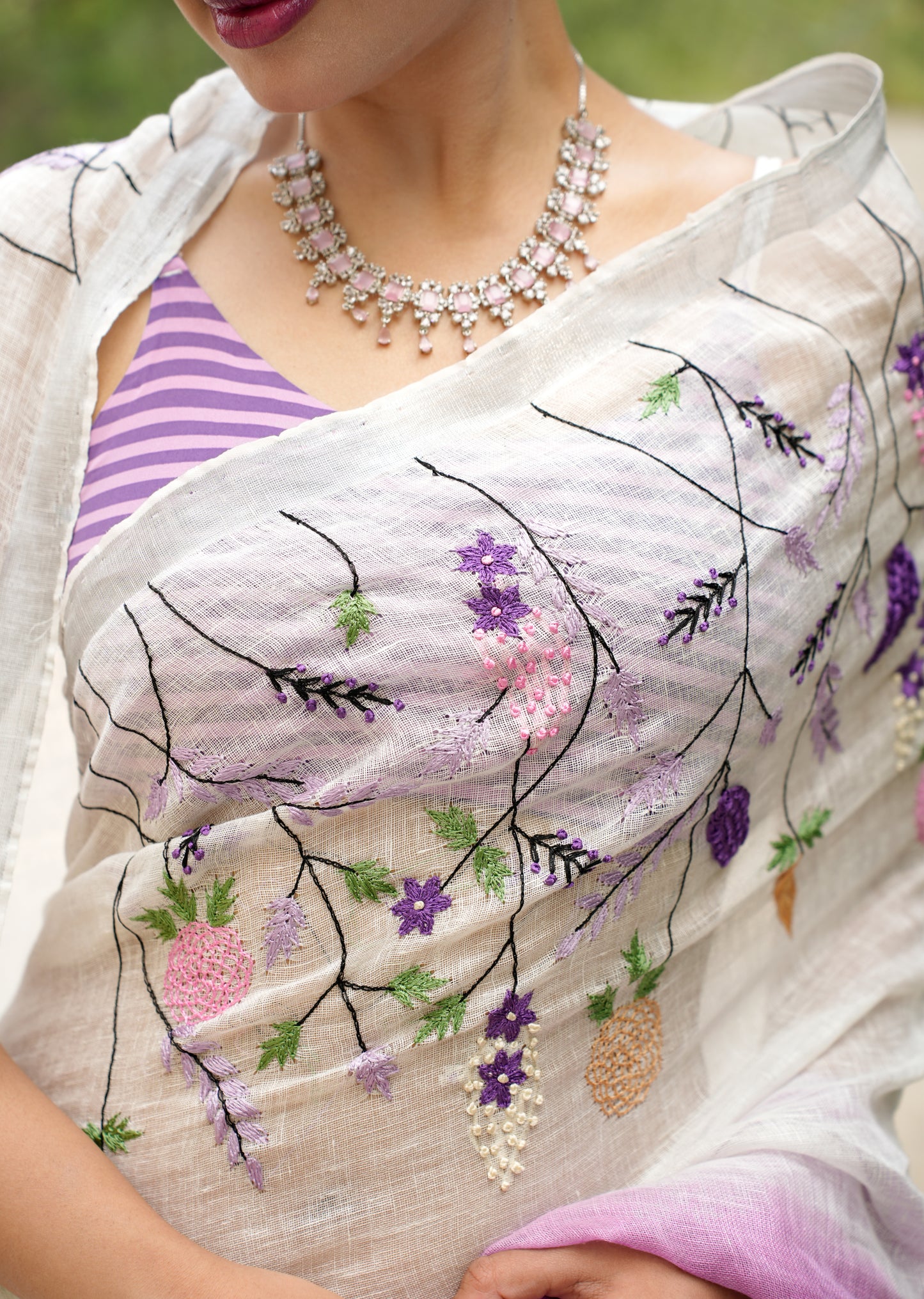 Lavender Whisper – Handwoven Linen Saree with Floral Embroidery