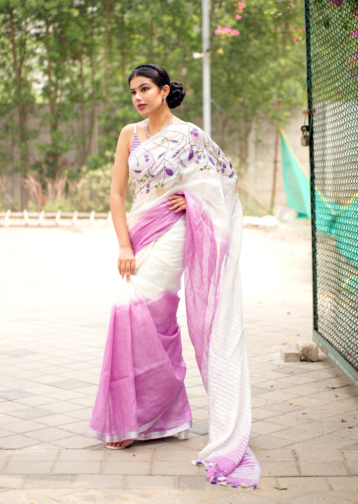 Lavender Whisper – Handwoven Linen Saree with Floral Embroidery