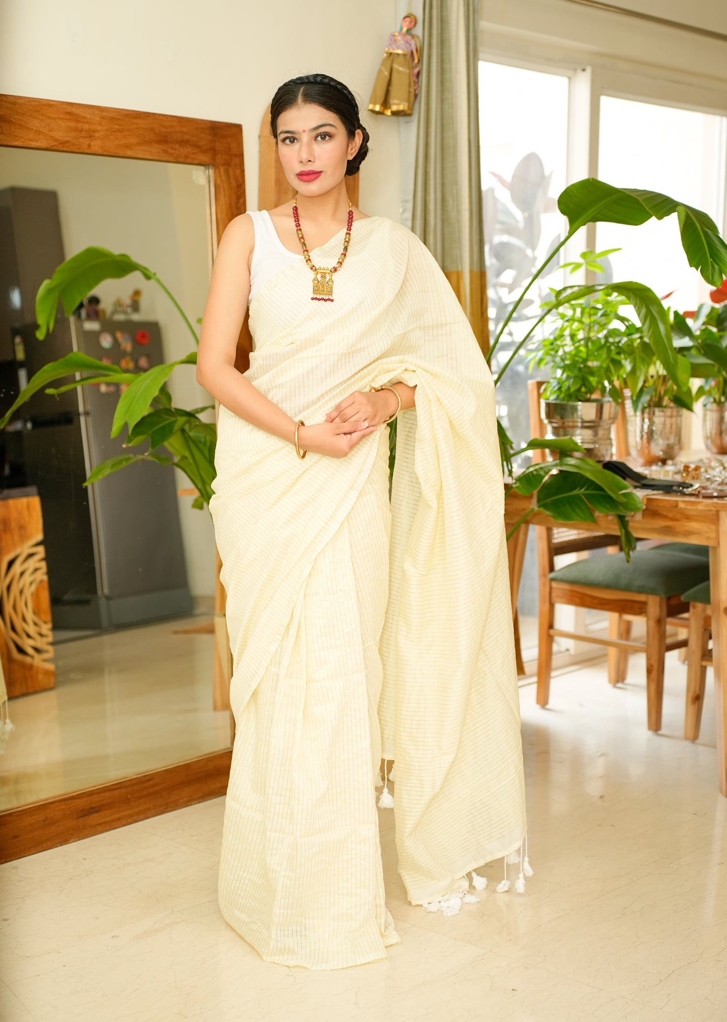 Ethereal Elegance – Ivory Handwoven Saree with Subtle Stripes