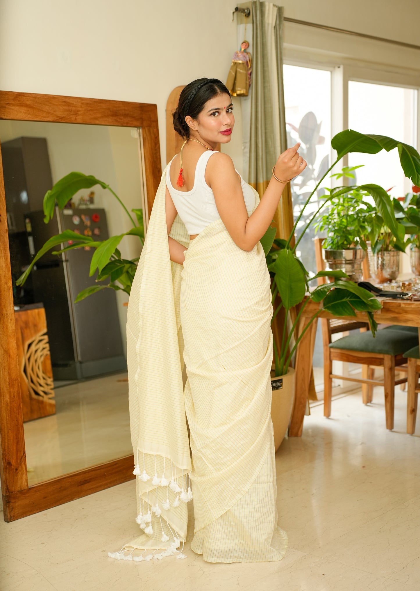 Ethereal Elegance – Ivory Handwoven Saree with Subtle Stripes