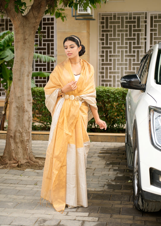 Dual Tone Gold & Ivory Elegant Ochre Saree