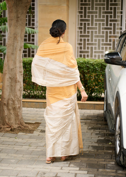 Dual Tone Gold & Ivory Elegant Ochre Saree