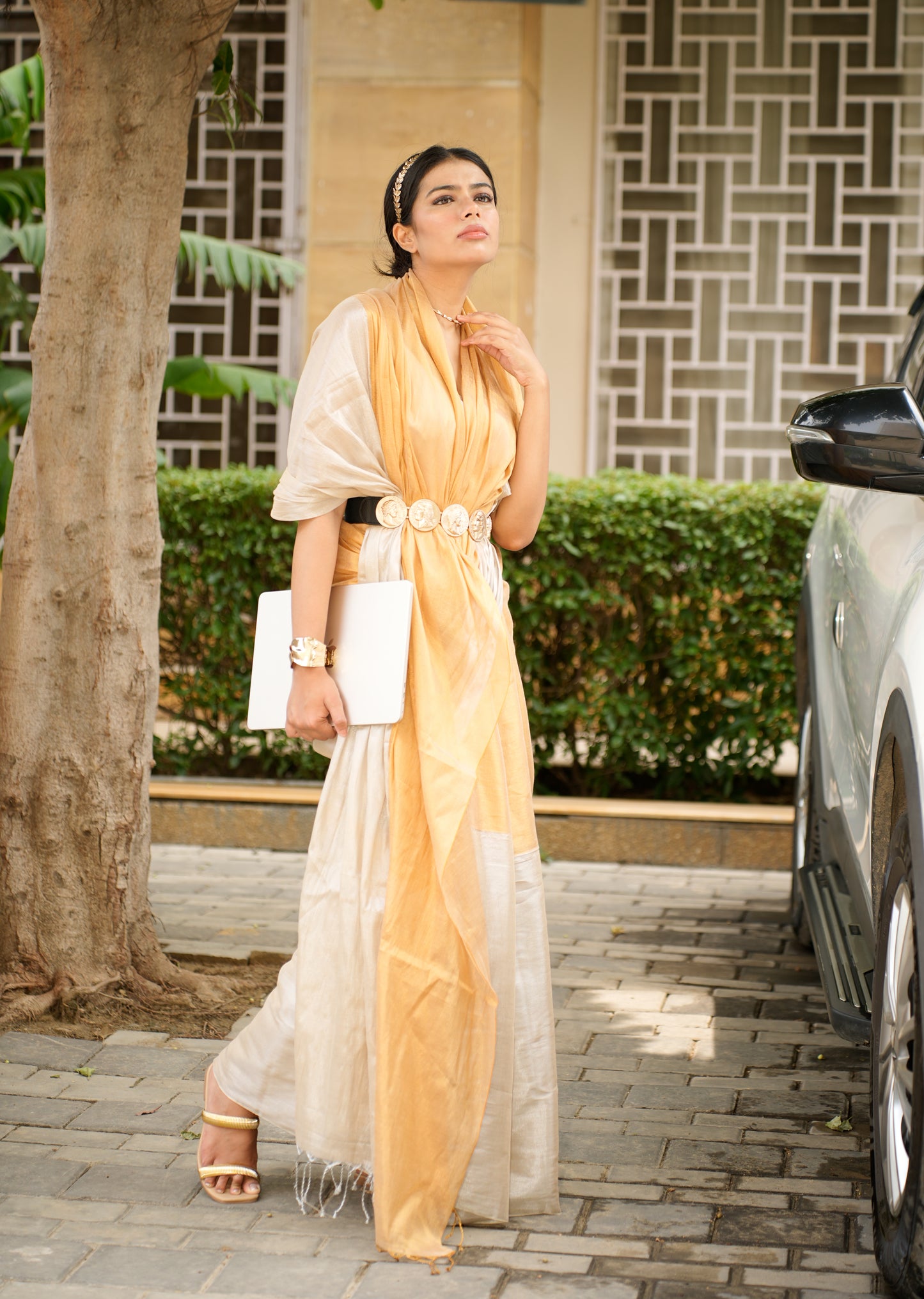 Dual Tone Gold & Ivory Elegant Ochre Saree