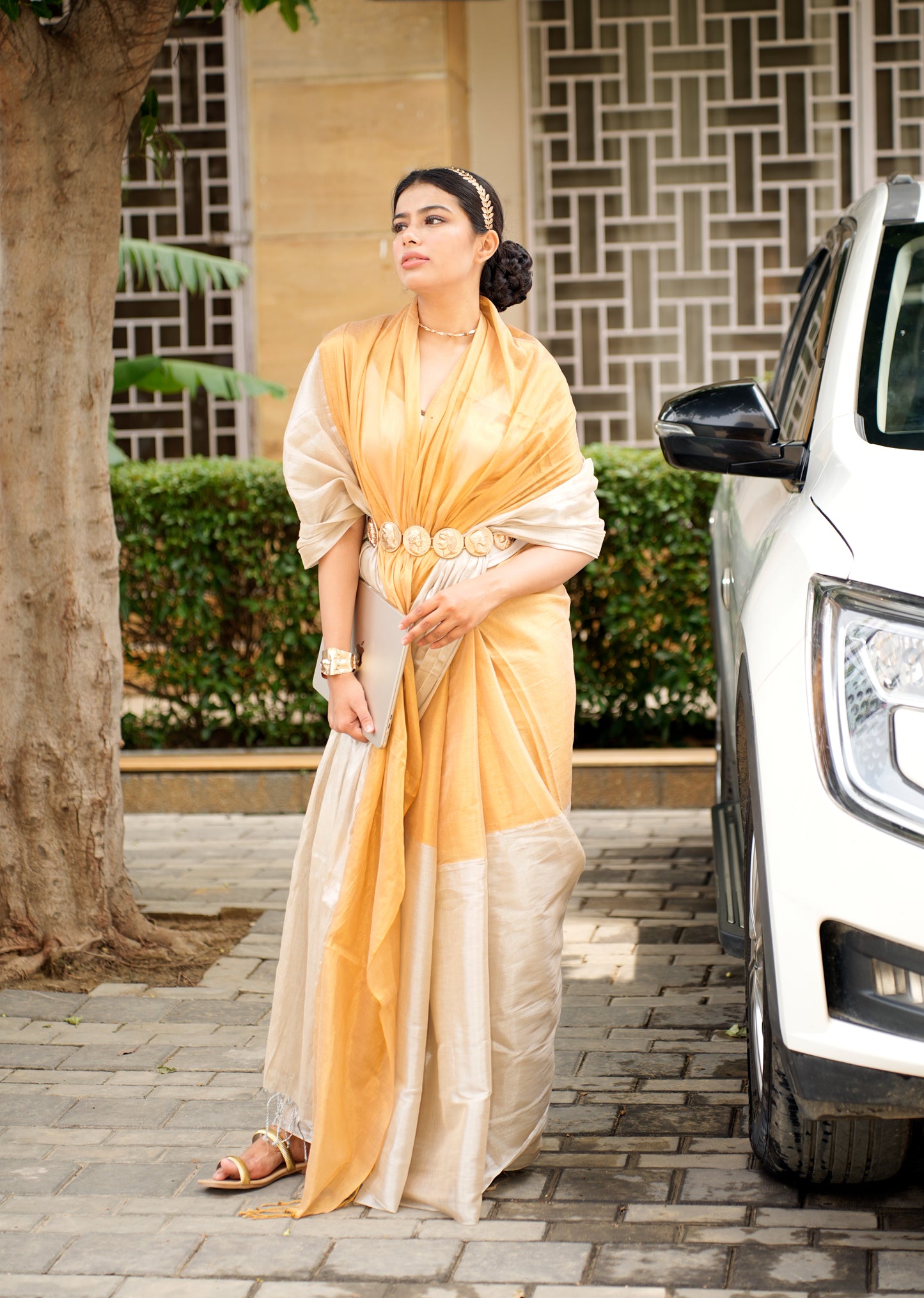 Dual Tone Gold & Ivory Elegant Ochre Saree