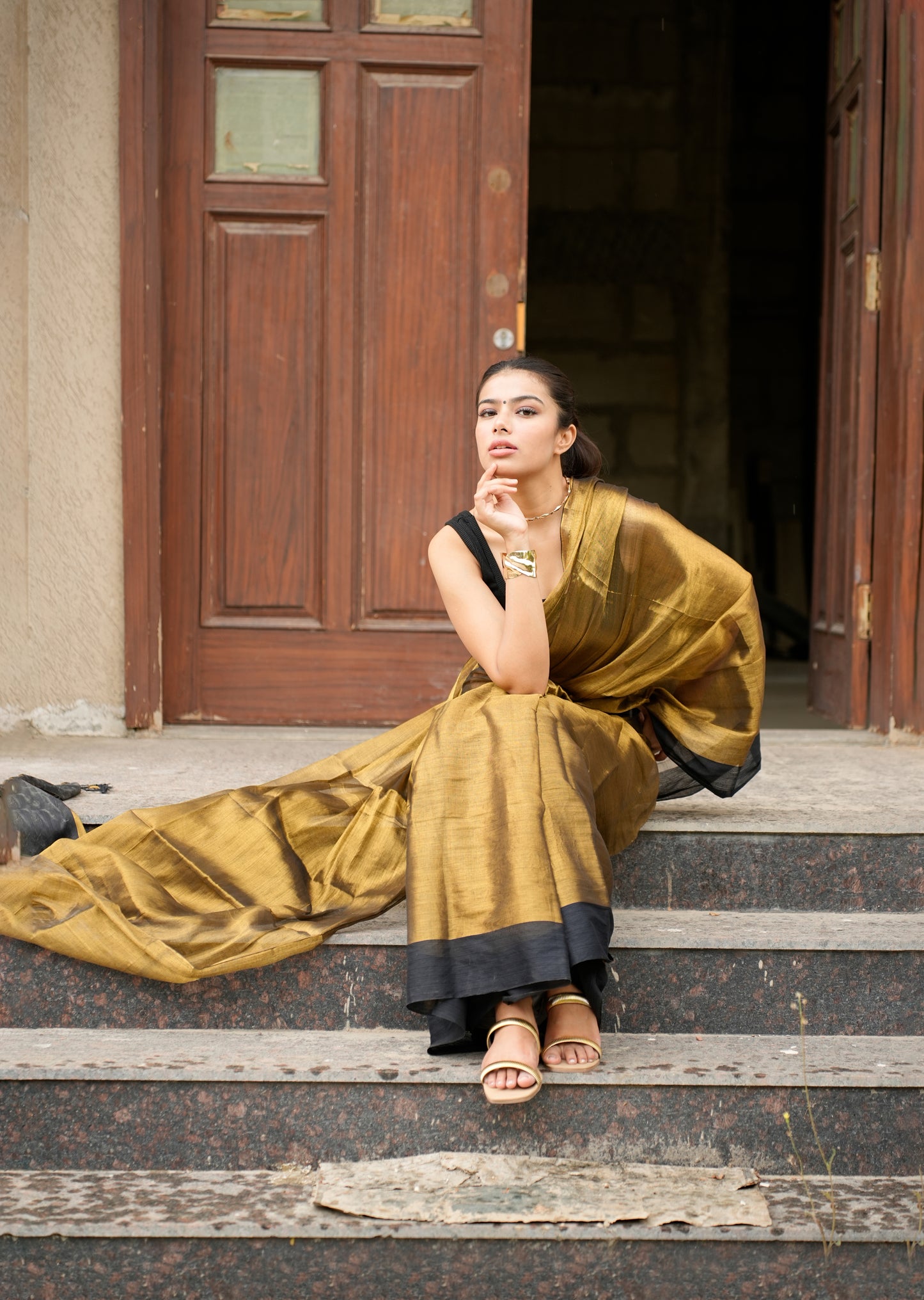 Molten Majesty – Antique Gold Tissue Silk Saree
