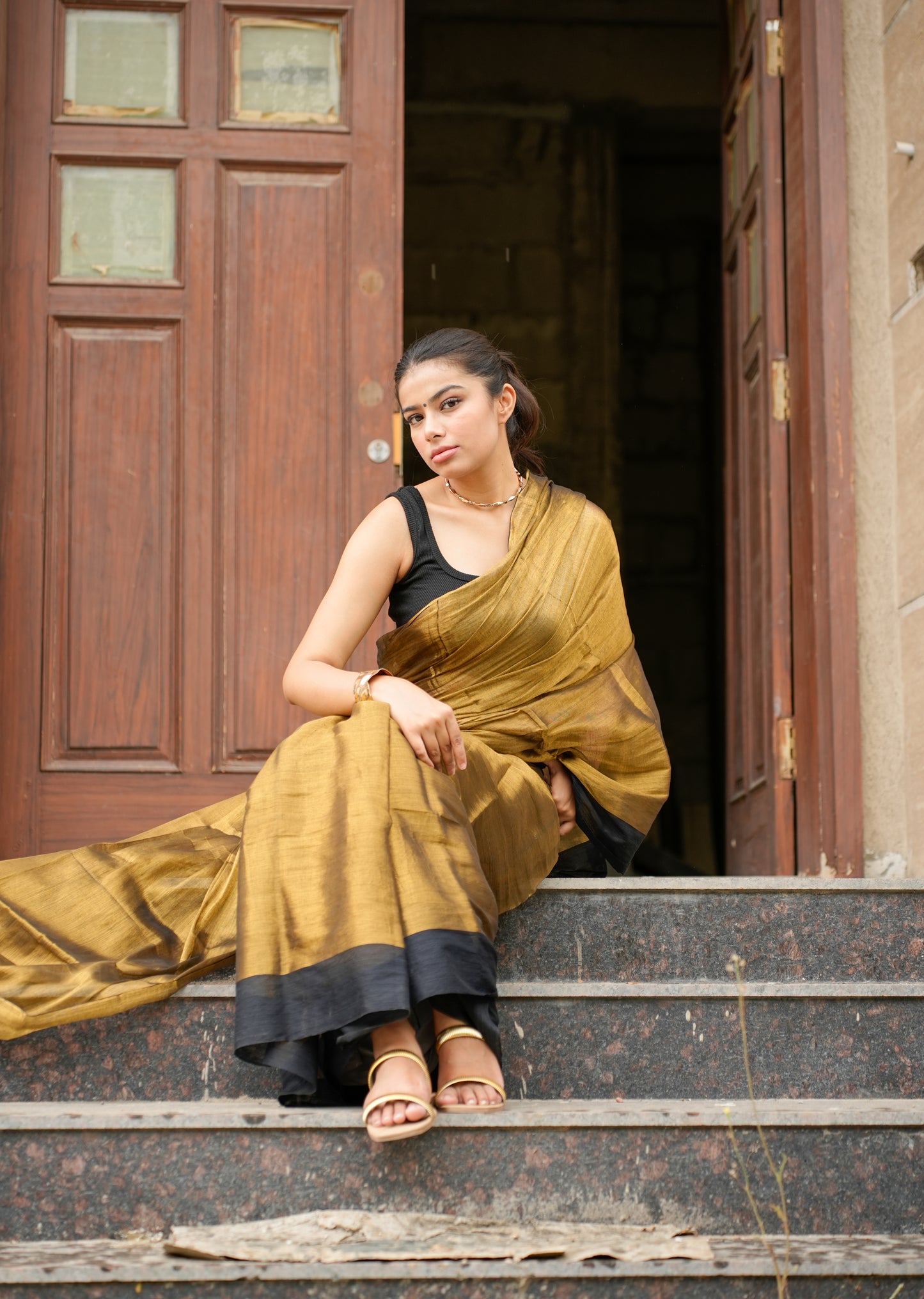 Molten Majesty – Antique Gold Tissue Silk Saree