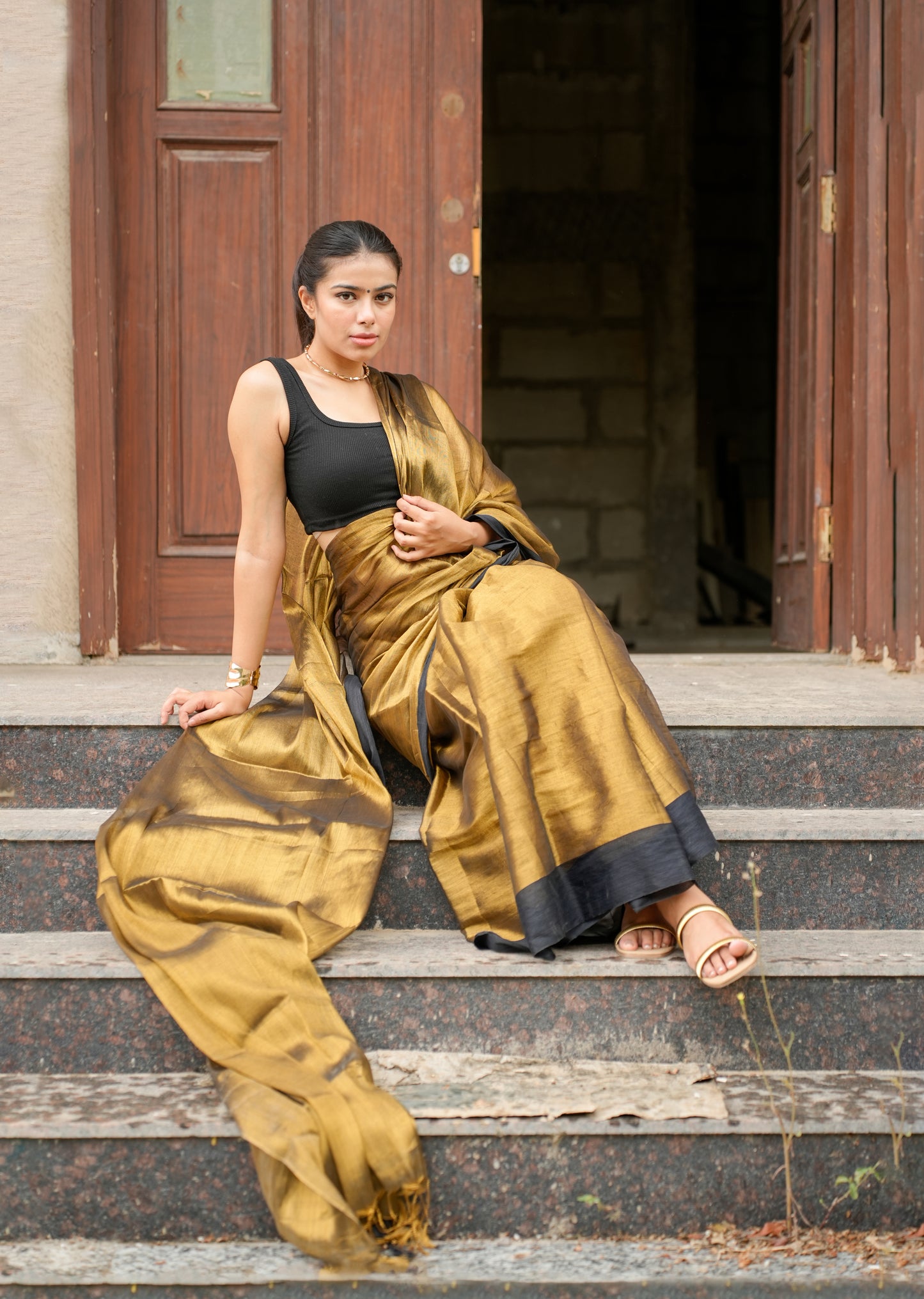 Molten Majesty – Antique Gold Tissue Silk Saree