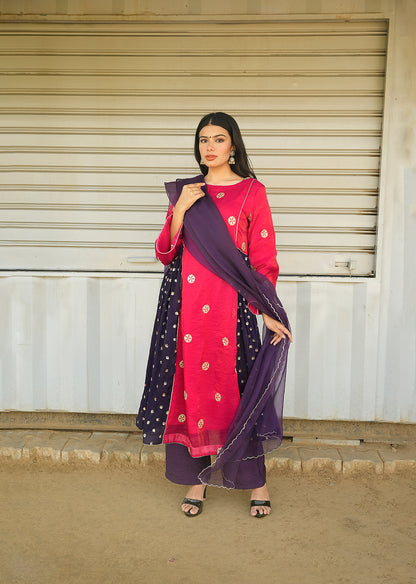 Red & Purple Shimmer Kurta Set with Dupatta