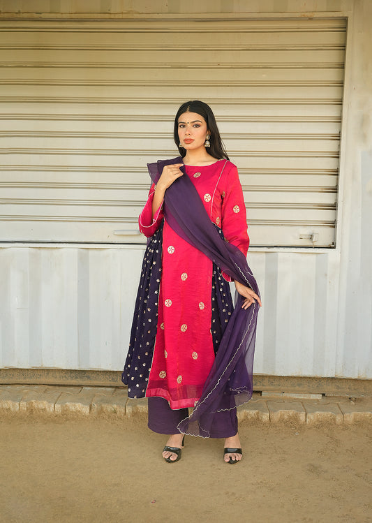 Red & Purple Shimmer Kurta Set with Dupatta