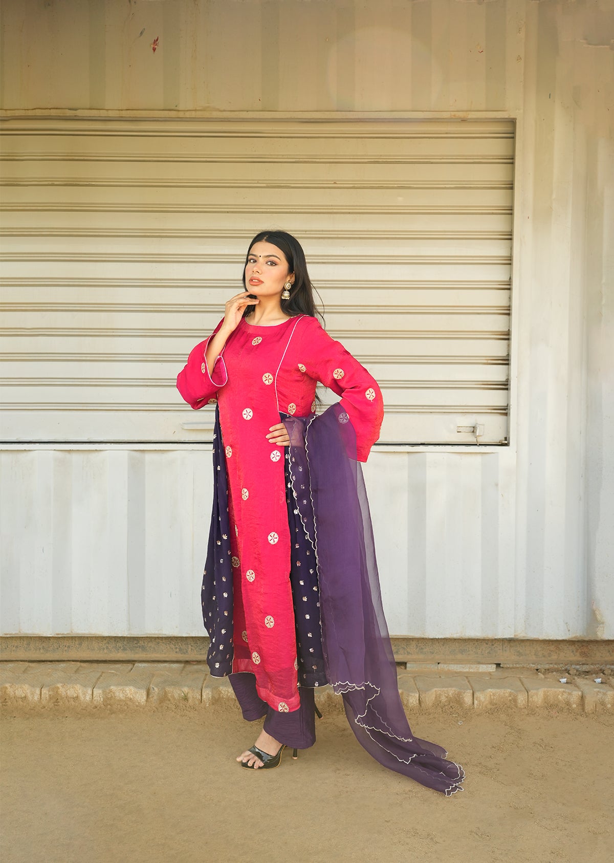 Red & Purple Shimmer Kurta Set with Dupatta