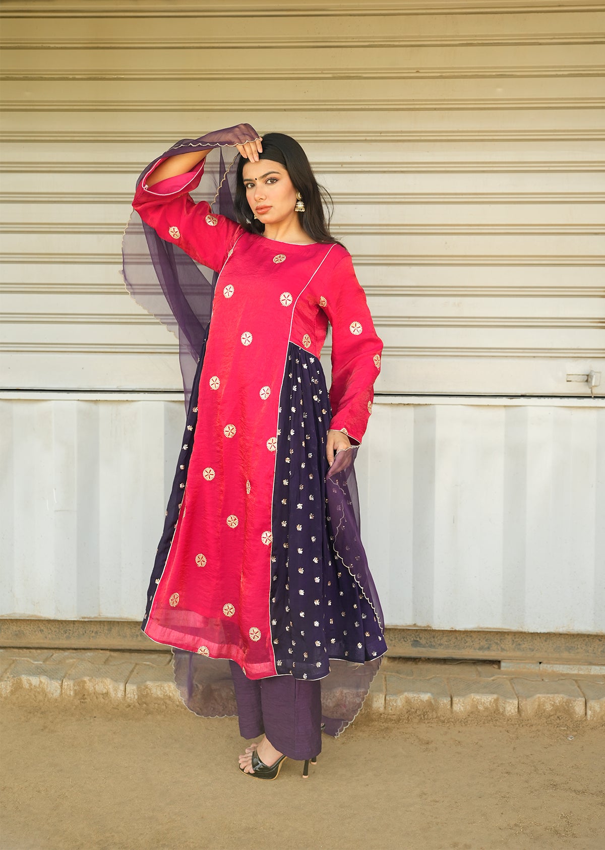 Red & Purple Shimmer Kurta Set with Dupatta