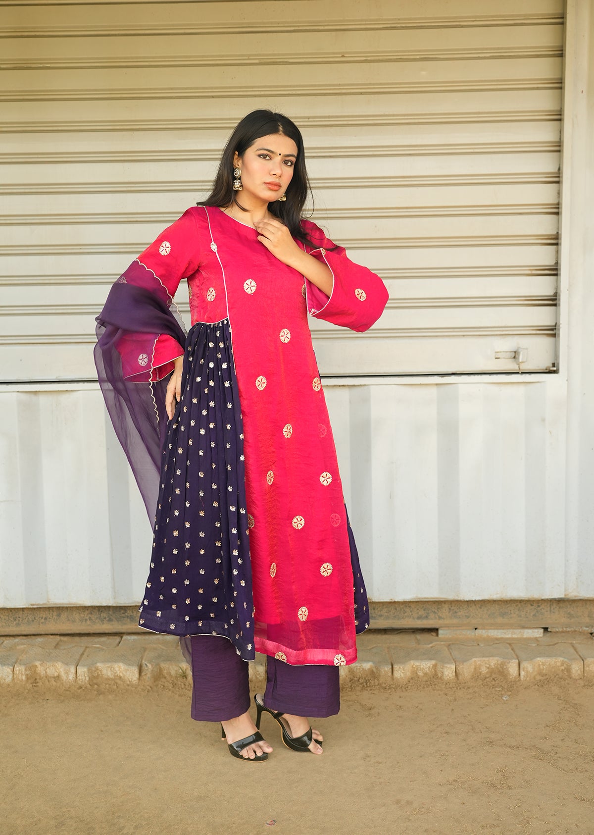 Red & Purple Shimmer Kurta Set with Dupatta