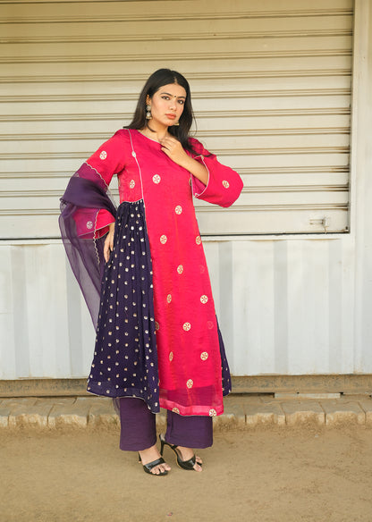 Red & Purple Shimmer Kurta Set with Dupatta