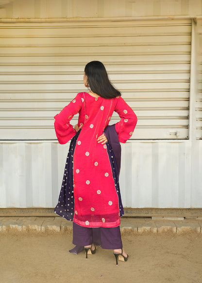 Red & Purple Shimmer Kurta Set with Dupatta