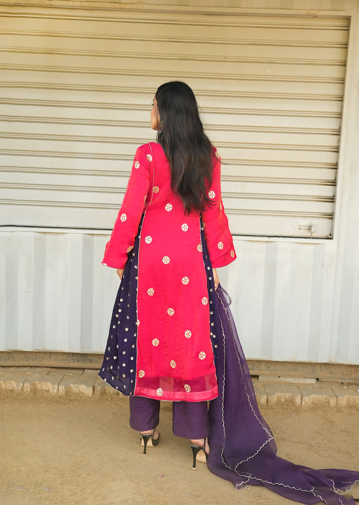 Red & Purple Shimmer Kurta Set with Dupatta