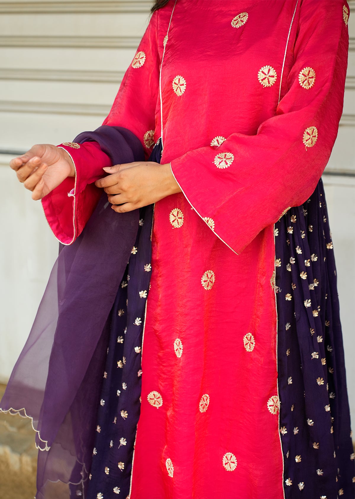 Red & Purple Shimmer Kurta Set with Dupatta