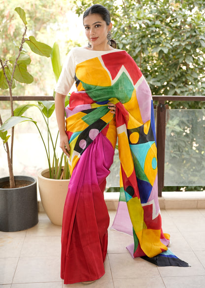 Vivid Harmony – Handpainted Multicolor Art Pure Silk Saree