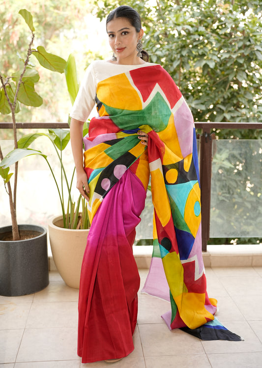 Vivid Harmony – Handpainted Multicolor Art Pure Silk Saree