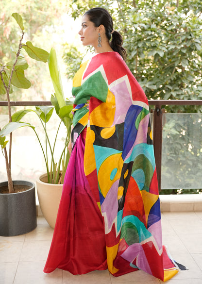 Vivid Harmony – Handpainted Multicolor Art Pure Silk Saree