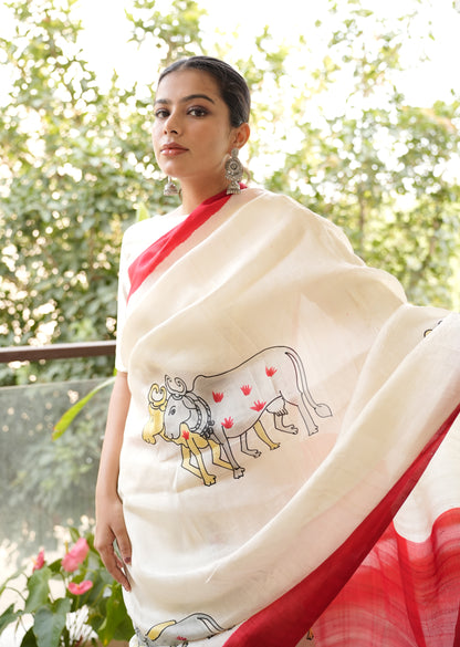 Handpainted Pichwai Pure Silk Saree – A Canvas of Devotion & Art