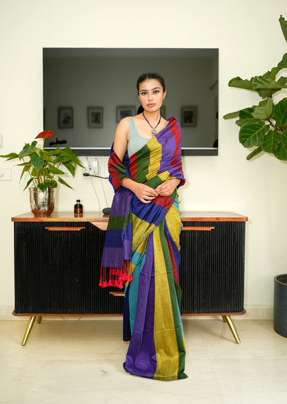 Multi-Color Spectrum Stripes Handwoven Cotton Saree