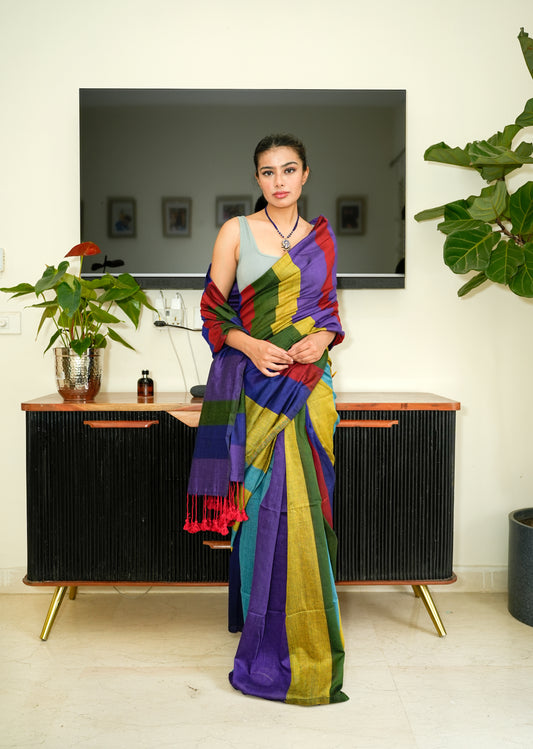 Multi-Color Spectrum Stripes Handwoven Cotton Saree